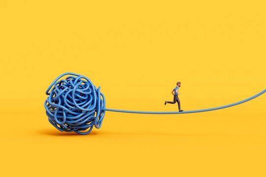 A man stood on a tangled ball of string. Overcoming stress and mental health. 3D Rendering