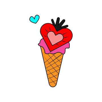 recommend clip art: Pink ice cream cone with strawberry. vector flat outline icon.  