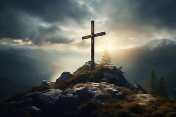 Resurrection: Mountain Cross Symbolizing Christian Faith and Easter Resurrection of Jesus Christ