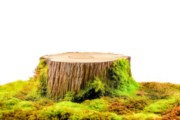 Wooden saw cut, round podium with green moss isolated on a white background. High quality photo