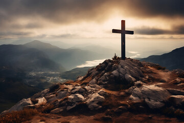Easter Resurrection: Mountain Cross Symbolizing Christian Faith and Belief