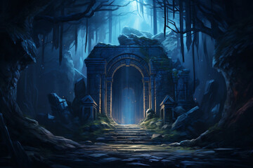Enchanting Entryway: Illuminated stone pillars amidst a mystical forest clearing at night