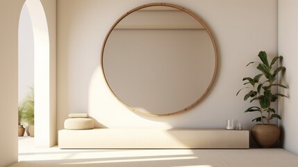 Luxury Interior Design of a Living Room with a Huge Circular Mirror. Generative AI.