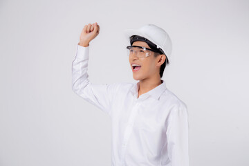 Portrait young asian engineer man wearing helmet excited isolated white background, male is architect or contractor with glad and success, contractor proud and satisfied, industrial concept.