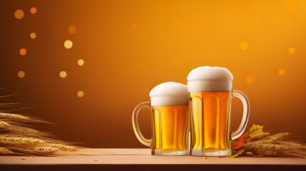 Banner for Happy Beer Day with mugs of fresh beverage.