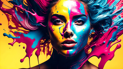 colorful paint splashing on face of woman model