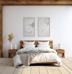 Modern Interior Design. White Bed and Wooden