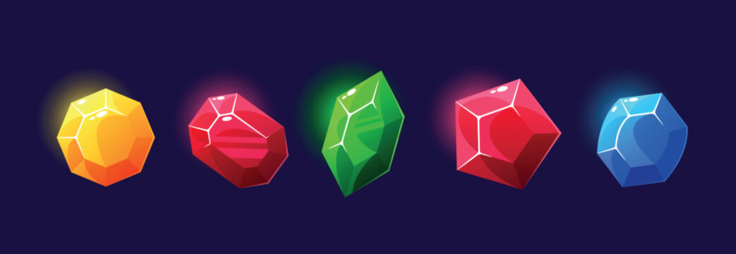 Gold Magic Crystals, Glass Or Gem Stones. Colorful Shiny Faceted Yellow, Red, Green, Ruby and Blue Glowing Rocks