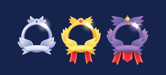 Silver, Gold And Platinum Game Avatar Frames, Rank Award Badges, Level Ui Icons. Empty Banners With Red Ribbons And Gems