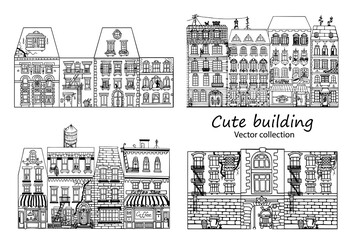 Hand drawn funny sketch set cityscape with apartment house. Vector illustration.
Doodle of city buildings. Monochrome house. Picture for decoration and coloring. Children's wallpaper. Ancient style.