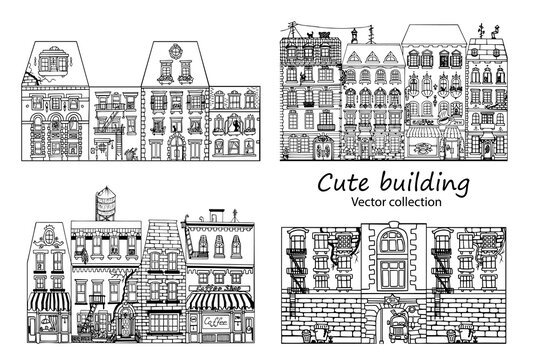 Hand drawn funny sketch set cityscape with apartment house. Vector illustration.
Doodle of city buildings. Monochrome house. Picture for decoration and coloring. Children's wallpaper. Ancient style.