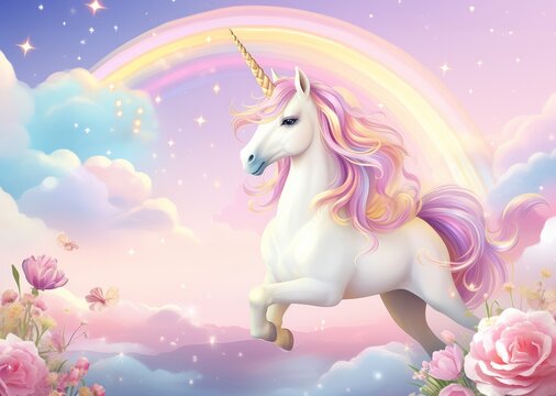 Illustration of a colorful painting of a majestic unicorn against a vibrant rainbow backdrop created with Generative AI technology