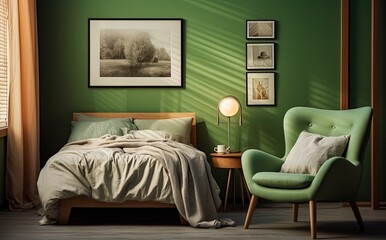 Green Interior Design of a Bedroom.