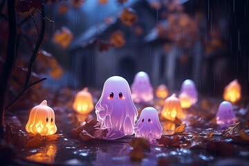 Cute 3D ghosts and glowing pumpkins. Halloween purple jack o lantern background Generative AI