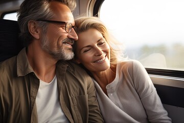 Loving middle aged Caucasian couple travel together by train. A middle-aged couple travel by train, smiling thoughtfully, enjoy each other.