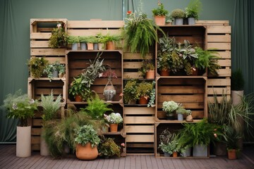 A Green Wall with lot of Pots with Plants.