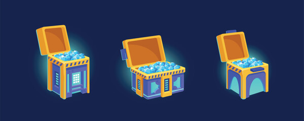 Future Technology Chests. Closed And Open Futuristic Boxes Game Icons. Sci-fi Equipment, Loot Boxes With Electronic Lock