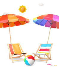 3D Rendering Beach Umbrellas, Beach Chairs And Beach Ball Isolated On Transparent Background, PNG File Add