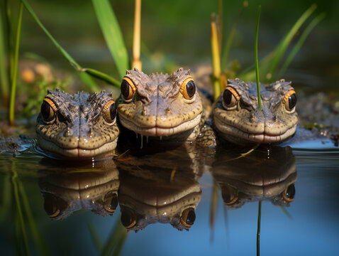 Several Baby Alligators Playing Together in Nature