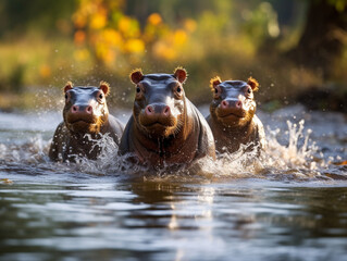 Several Baby Hippos Playing Together in Nature