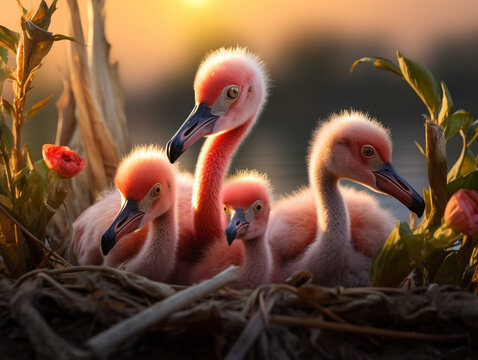 Several Baby Flamingos Playing Together in Nature