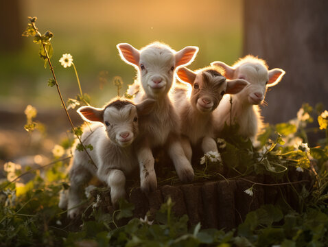 Several Baby Goats Playing Together in Nature