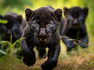 Naklejka na ściany i meble Several Baby Panthers Playing Together in Nature