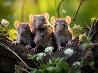 Several Baby Rats Playing Together in Nature