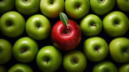 Amidst green apples, the red one exemplifies the business concept of standing out for selection, symbolizing uniqueness and desirability - obrazy, fototapety, plakaty