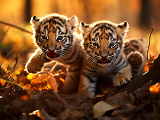 Several Baby Tigers Playing Together in Nature