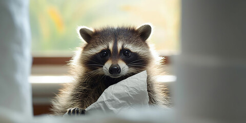 The Playful Raccoon Having Fun with a Roll of Toilet Paper - AI generated