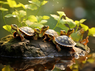 Obraz premium Several Baby Turtles Playing Together in Nature