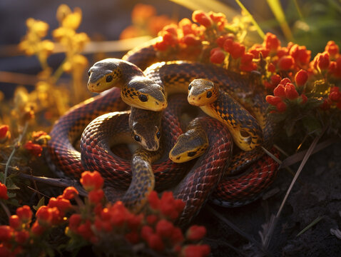 Several Baby Snakes Playing Together in Nature