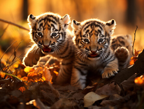 Several Baby Tigers Playing Together in Nature