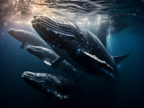 Several Baby Whales Playing Together in Nature