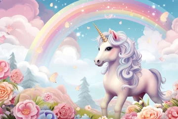 Tuinposter Illustration of a majestic unicorn in a colorful field with a vibrant rainbow in the background created with Generative AI technology © AI Visual Vault