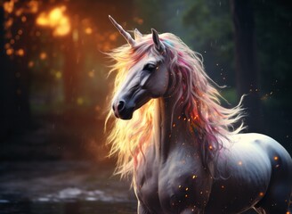 Illustration of a majestic white unicorn with a pink mane standing gracefully in a mystical forest created with Generative AI technology - obrazy, fototapety, plakaty