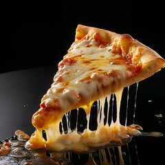 Fresh cheese pizza slices, dark food photography, black concrete background
