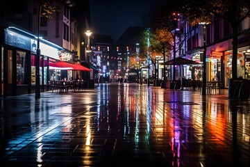 Night street of a small town with colorful neon lighting