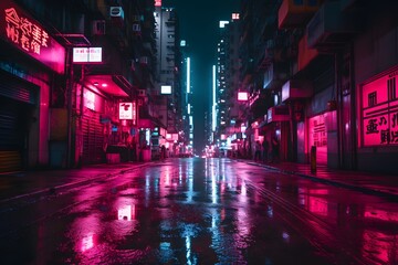 Fototapeta na wymiar Night street of a town with colorful neon lighting