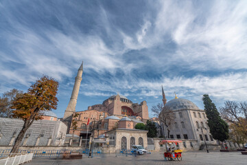 sky with hagia sophia church and museum and minarets