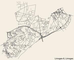 Fototapeta na wymiar Detailed hand-drawn navigational urban street roads map of the LIMOGES-8 CANTON of the French city of LIMOGES, France with vivid road lines and name tag on solid background