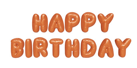 "Happy Birthday" phrase in the shape of an orange glossy plastic balloon. Fun decoration for party social media. Realistic 3D graphic resource. Summer colors.