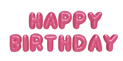 "Happy Birthday" phrase in the shape of a pink glossy plastic balloon. Fun decoration for party social media. Realistic 3D graphic resource. Summer colors. Girls party.