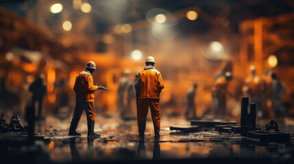 Toys Model of People in overalls in construction site - obrazy, fototapety, plakaty