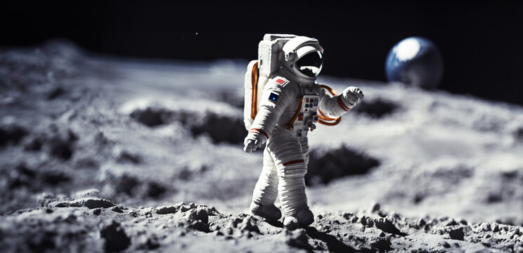 immagine con primo piano di astronauta che cammina sulla superficie di una immaginaria luna, spazio scuro e pianeta blu sullo sfondo