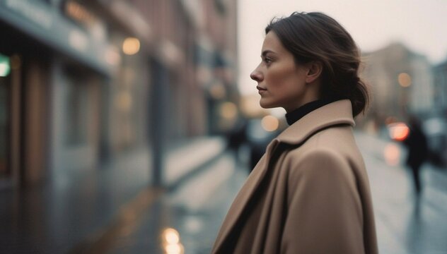 Side pose of  Women wearing brown overcoat in city with bokeh background