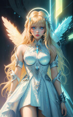 Beautiful girl with futuristic angel wings. Angel anime girl. Anime angel girl on neon color futuristic background.