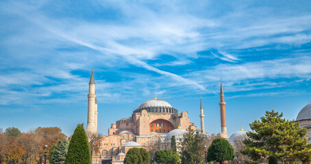 sky with hagia sophia church and museum and minarets