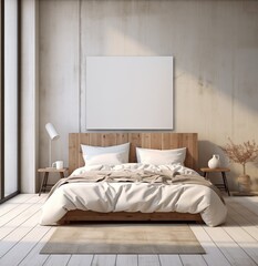 Modern Interior Design. White Bed and Wooden